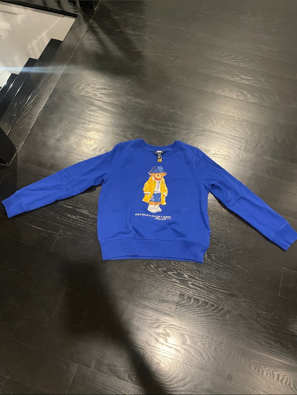 Ralph Lauren Royal Blue Polo Bear Sweatshirt with Yellow Raincoat Graphic